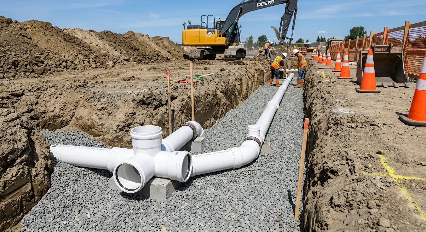 New PVC sewer pipe installation in open trench for Sewer Backup in Winder